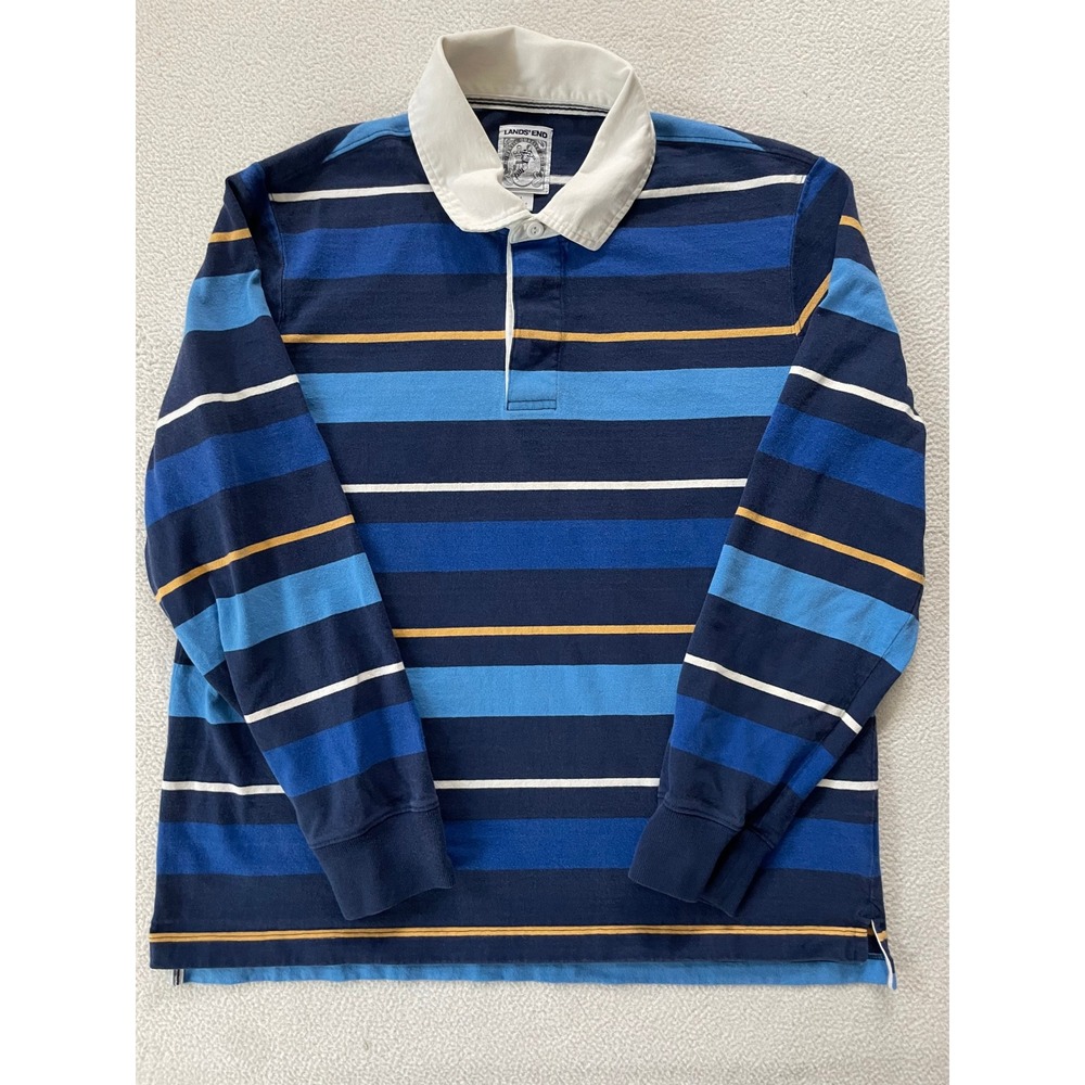 Lands' End Mens Large Rugby Shirt Blue Striped Long Sleeve Cotton Blokecore